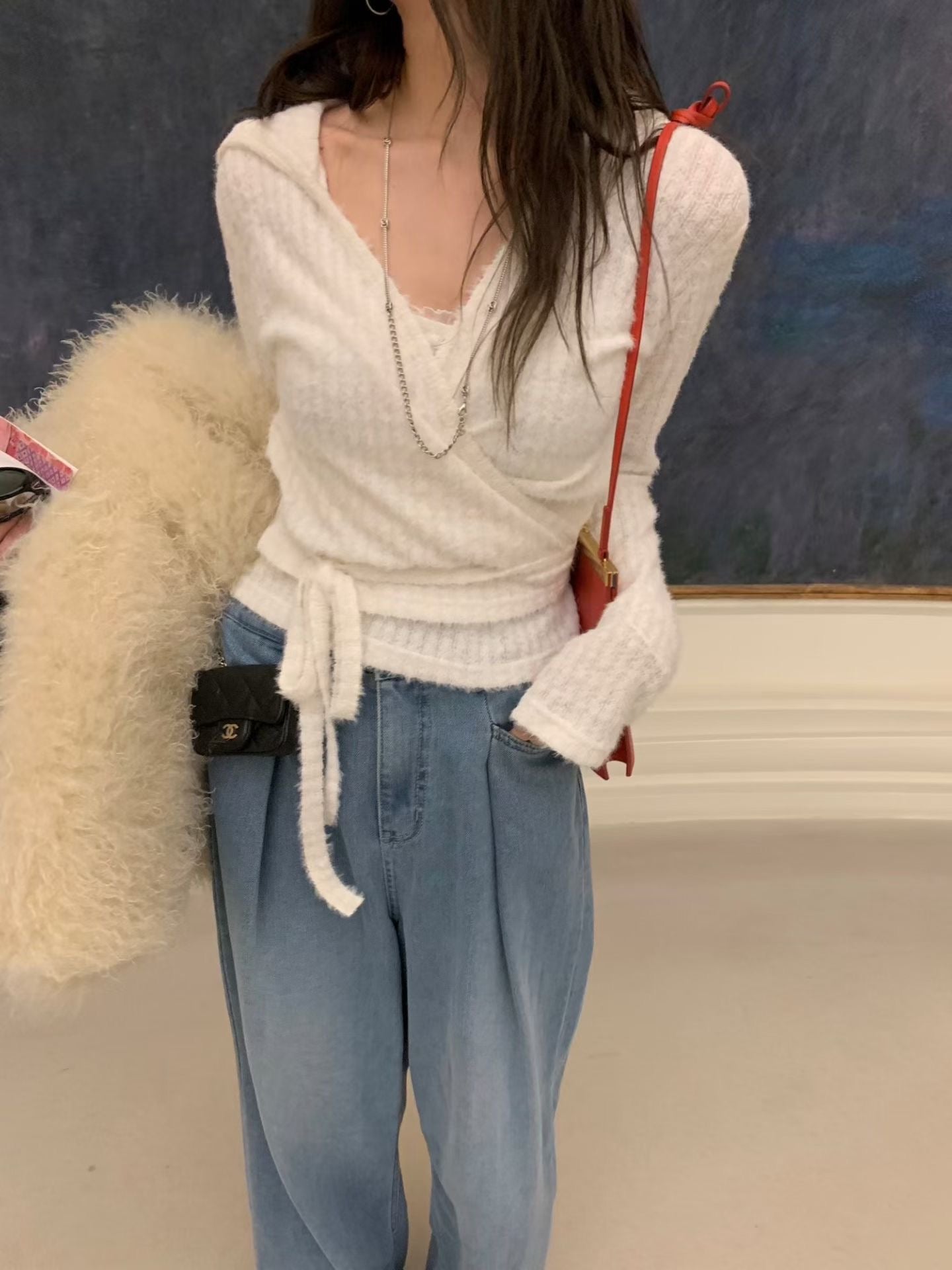 仿安哥拉毛針織背心開衫套裝