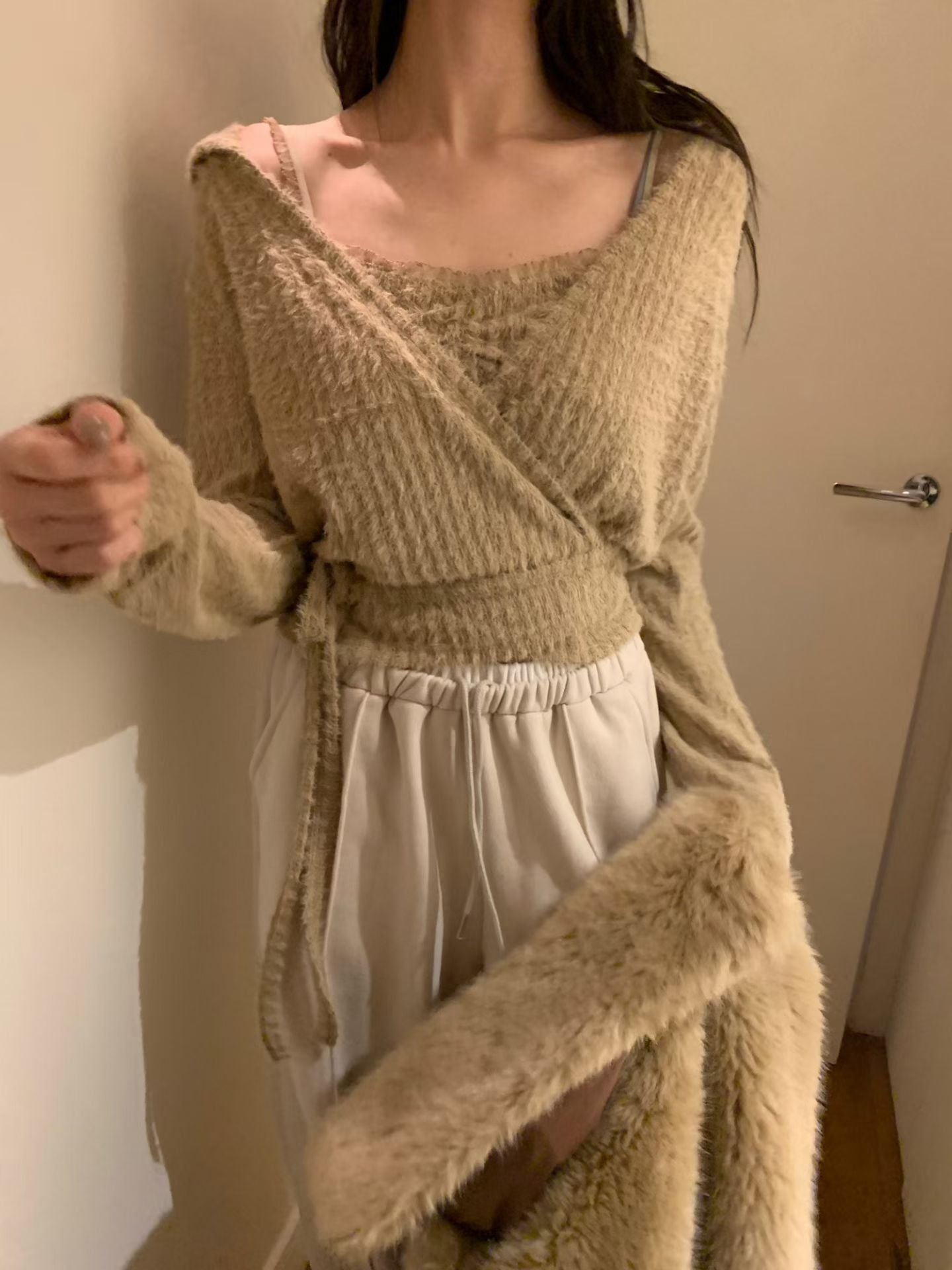 仿安哥拉毛針織背心開衫套裝