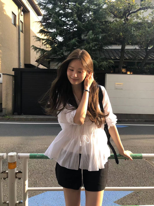【現貨🍦】A16法式溫柔皺摺綁帶襯衫
