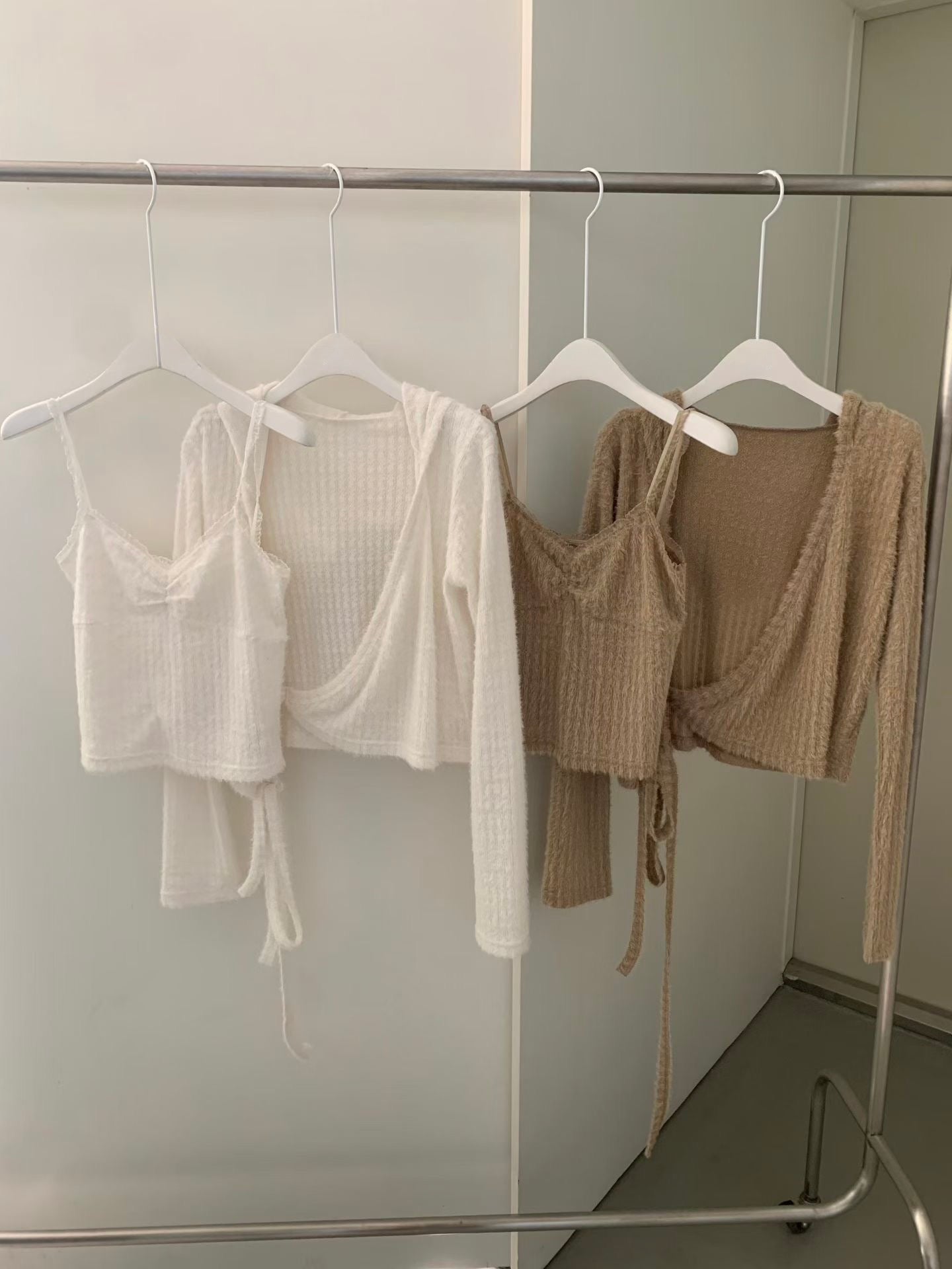 仿安哥拉毛針織背心開衫套裝