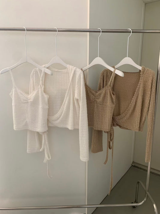 仿安哥拉毛針織背心開衫套裝