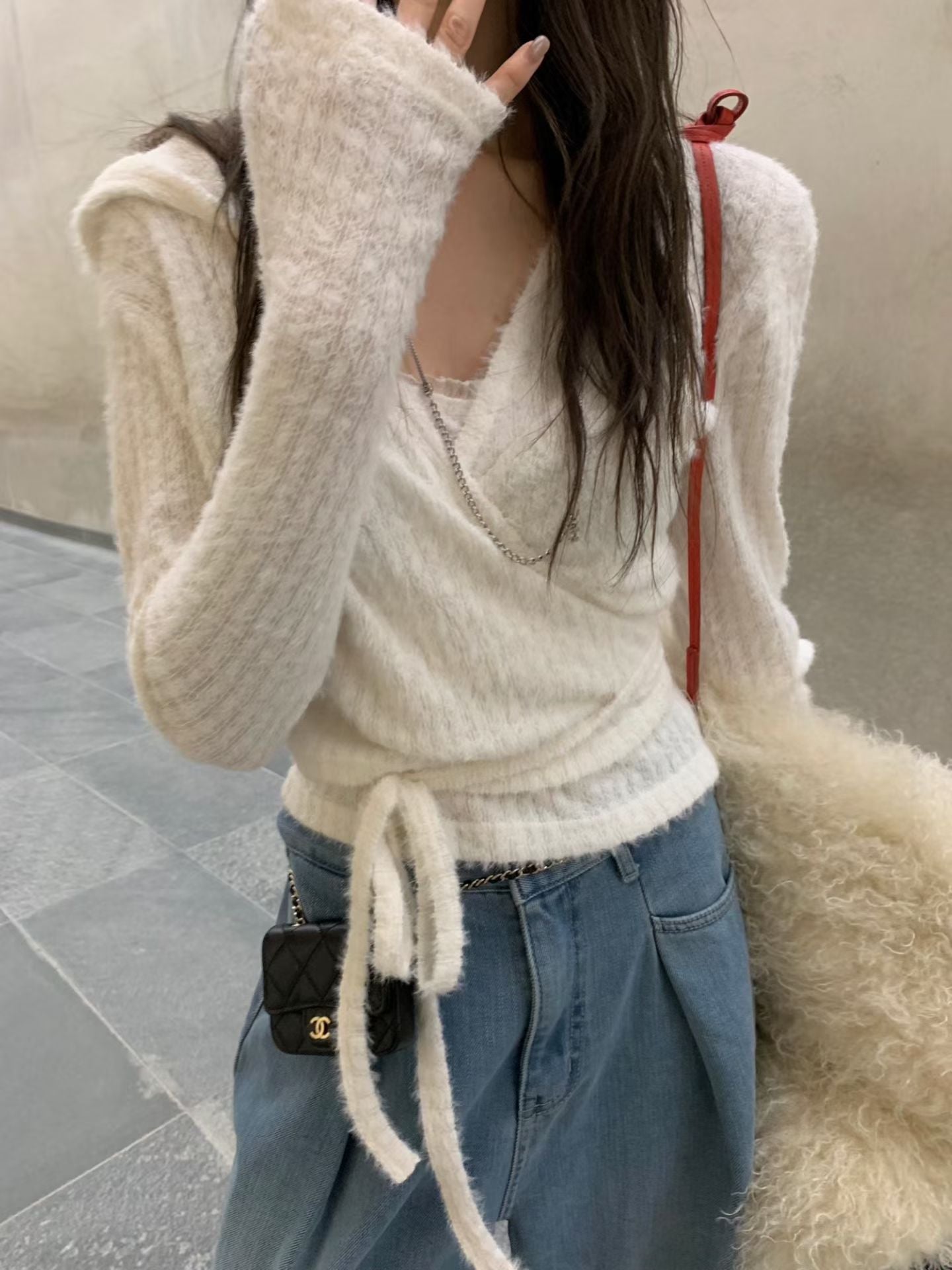 仿安哥拉毛針織背心開衫套裝