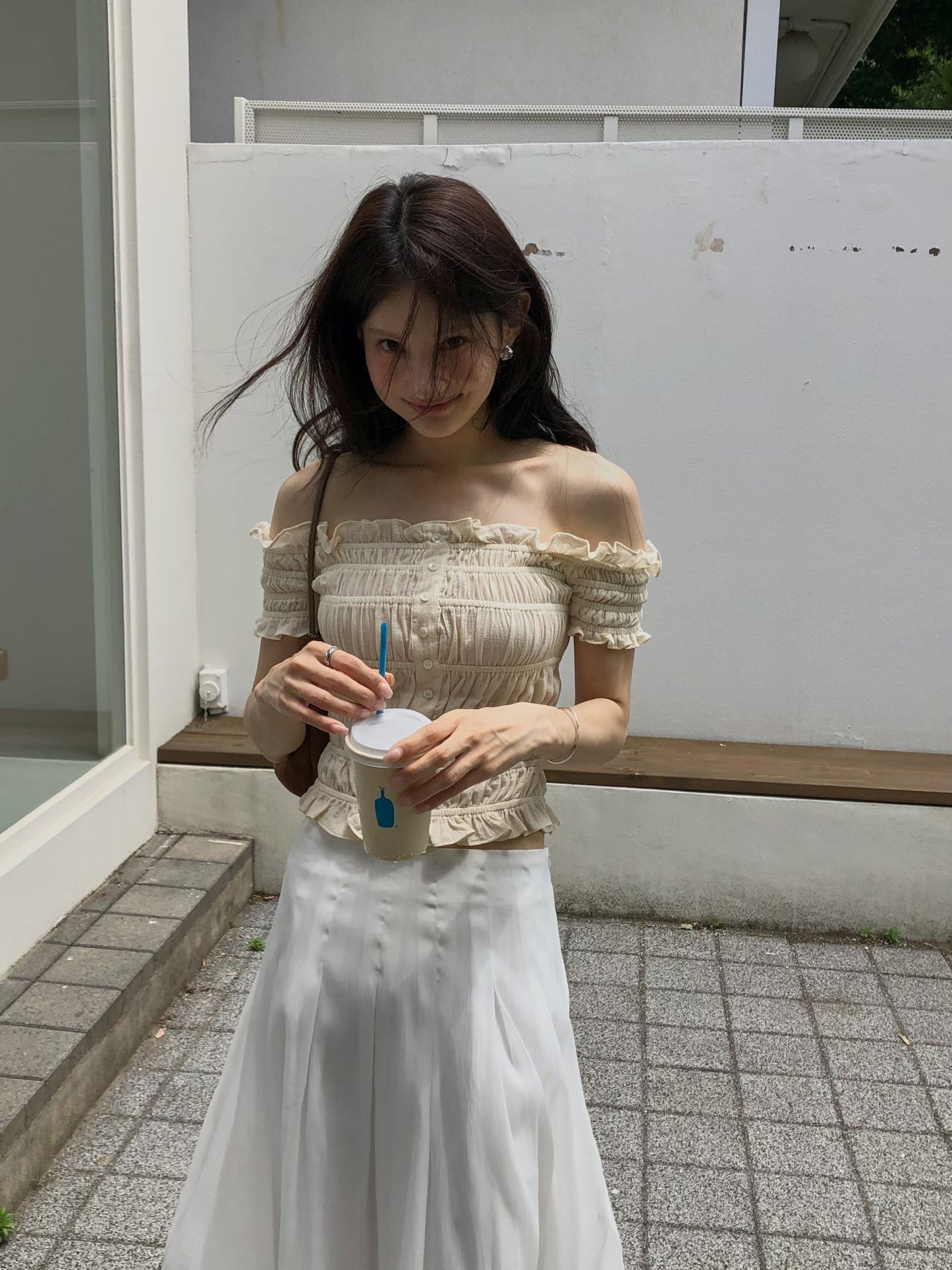 J12巴黎午後抓皺一字領上衣